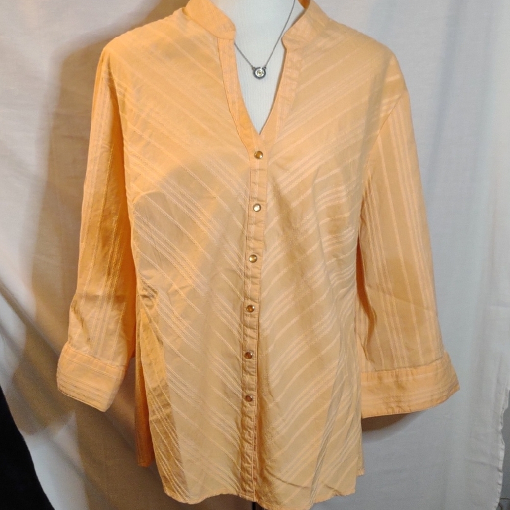 Light Orange Cuffed Sleeve Snap Up Shirt with Mandarin Collar - 22W/24W